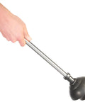 Heavy Duty Freestanding Toilet Brush And Plunger Combo, Matte Stainless Steel Floor Stand, showing black rubber plunger being held.