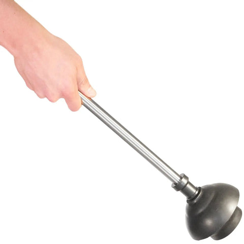 Heavy Duty Freestanding Toilet Brush And Plunger Combo, Matte Stainless Steel Floor Stand, showing black rubber plunger being held.