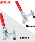 Vertical Toggle Clamp Beefy Heavy-Duty Steel Hold Down Clamp with Quick Release shown locked and unlocked, 2 Pack