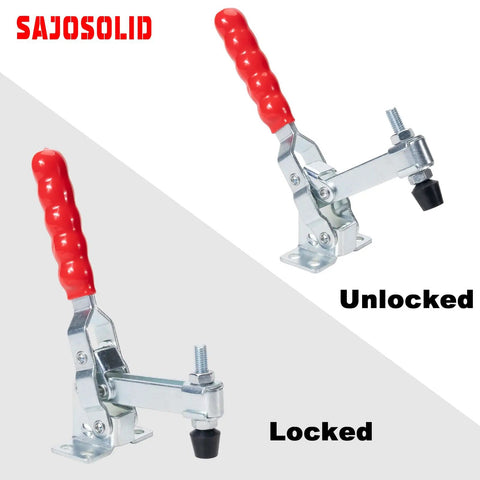 Vertical Toggle Clamp Beefy Heavy-Duty Steel Hold Down Clamp with Quick Release shown locked and unlocked, 2 Pack