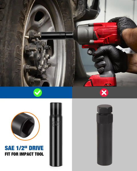 Using Half Inch Drive Spline Lug Nut Socket Set 10 Piece With Impact Square End for tire removal with power tool