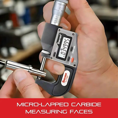 Electronic Micrometer With SPC Output, IP67 Waterproof, Satin Chrome Finish, Carbide Measuring Faces, LCD Display in use.