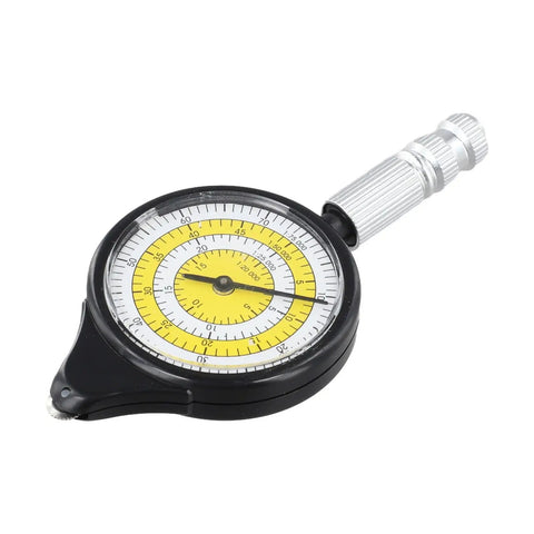 Map Distance Meter Wheel, Mechanical Route Measurer for Curved Paths, Cartography Tool, black device with yellow dial and silver handle.
