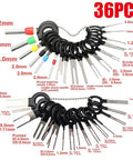 36-piece terminal removal tool set with measurements labeled, part of the 60 Piece Terminal Removal Tool Kit For Car Wiring And Electrical Connectors Pin Extractor Terminal Puller Depinning Tool Set With Single Double And Three Pin Extractors And Casing Tools For Quick Easy Pin Removal Must Have Gear.