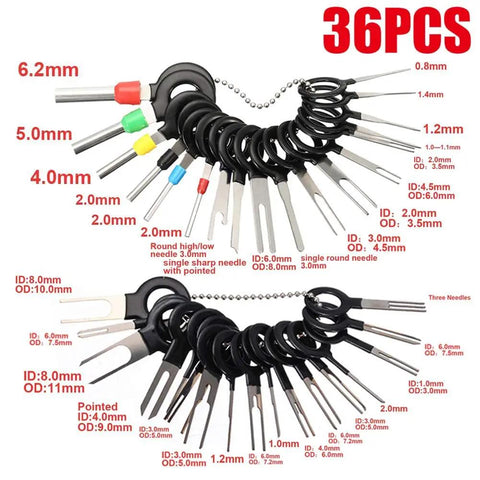36-piece terminal removal tool set with measurements labeled, part of the 60 Piece Terminal Removal Tool Kit For Car Wiring And Electrical Connectors Pin Extractor Terminal Puller Depinning Tool Set With Single Double And Three Pin Extractors And Casing Tools For Quick Easy Pin Removal Must Have Gear.