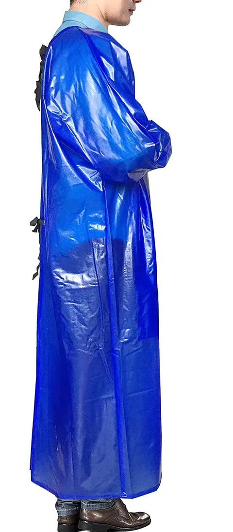 Side view of Tough As Nails Heavy Duty Chemical Resistant Apron With Sleeves For Oil And Acid in Royal Blue, Size S M, Waterproof PVC.