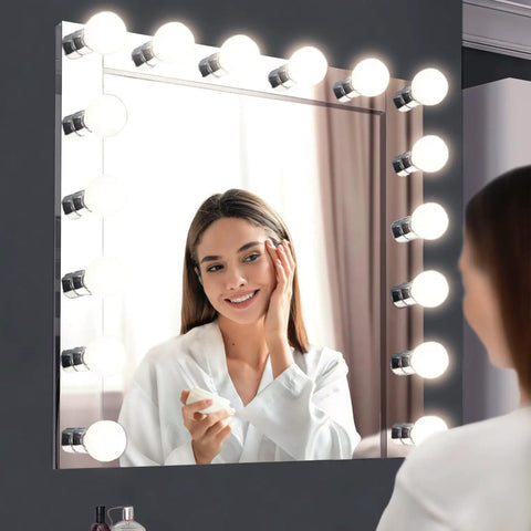 Woman applying makeup with Six Light Vanity Light Bar Dimmable Polished Chrome Boss Vibe for bathroom and vanity use