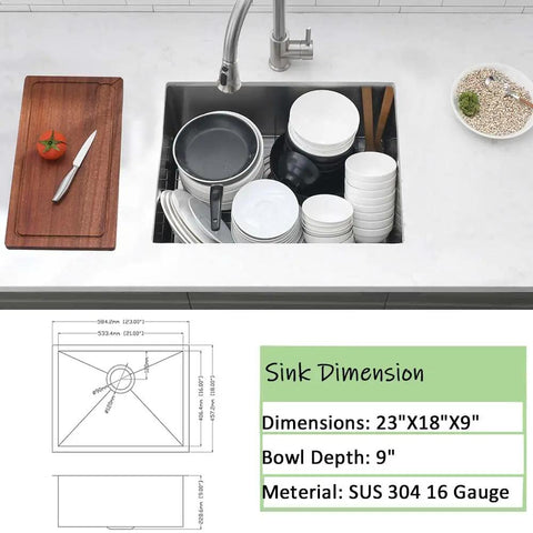 Deep 23 Inch Undermount Stainless Steel Kitchen Sink With 16 Gauge Single Bowl shown with dishes and utensils above countertop