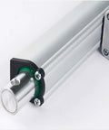 Close-up of Precision 12 Volt Linear Actuator With Stepper Motor Push Rod and Telescopic Design, showcasing details of the aluminum shaft.