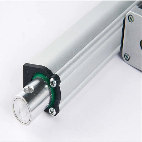 Close-up of Precision 12 Volt Linear Actuator With Stepper Motor Push Rod and Telescopic Design, showcasing details of the aluminum shaft.