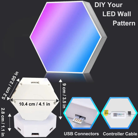 Lit RGB Hexagon LED Panel Lights For Wall With Smart App Control And Remote Music Sync Enabled, showing dimensions and USB connectors
