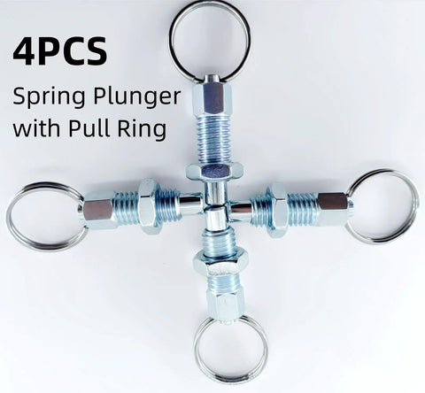 Heavy Duty Four Pack Carbon Steel Spring Plunger With Pull Ring M10x1.5 Retractable Indexing Pin shown from above with pull rings.