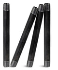 Four pre-cut threaded Three Eighths Inch Black Steel Pipe Ten Inch Nipple Set Four Pack Pre Cut Threaded Industrial Grade Malleable Iron Pipe Fittings For DIY Furniture And Black Pipe Shelving