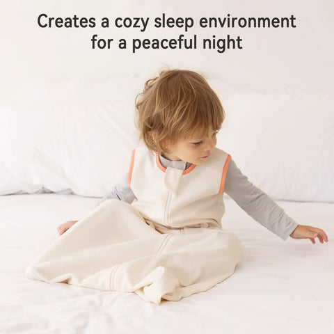 Toddler wearing Comfy 3 Pack Baby Sleep Sack For 6 To 12 Months 100 Percent Cotton 0.5 Tog Wearable Blanket For Infants with two-way zipper sitting on bed