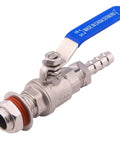 DERNORD 1/2 in stainless ball valve with weldless bulkhead, blue handle, angled front view