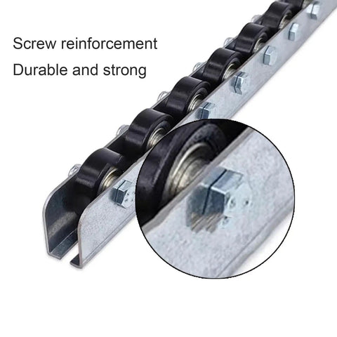 Top Notch Galvanized Steel Flow Rail Conveyor Wheels For Heavy Duty Warehouse Skating System Style Rail Track rollers Customize Length 1m Yellow close-up of screw reinforcement and durable wheels