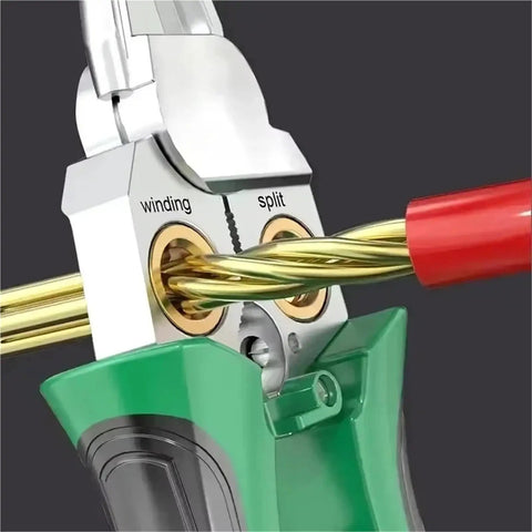 8-In-1 Electric Wire Stripping Machine Multifunction Pliers Tool For Cable Cutting Crimping Electrical Repair And Recycling Copper With Comfortable Grip showing the winding and split wire feature.