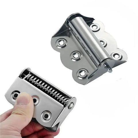 Heavy Duty Stainless Steel Butterfly Hinge Set With Automatic Soft Close Springs for flush mount shown in hand, 10 pack.