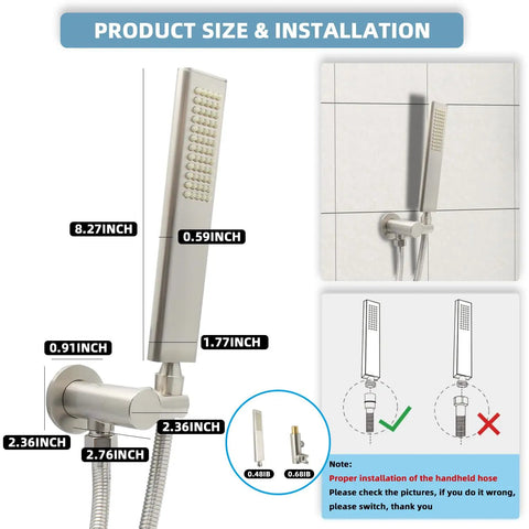 Dimensions and installation for Solid Brass Handheld Shower Head With High Pressure Arc Design Brushed Nickel Finish 59 Inch Stainless Steel Hose Adjustable Wall Mount Elbow Connector Shower Holder All In One Hose Set displayed.