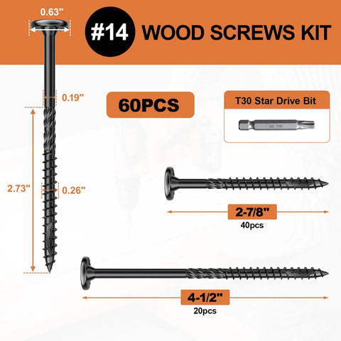 Heavy Duty Wood Screws Assortment Kit Offering Rock Solid Alloy Steel Build And A Top Shelf Rust Resistant Coating for 60pcs of varying sizes.