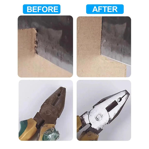 Before and after comparison of Glomora Mini Bench Grinder For Milwaukee Battery Cordless Machine sharpening metal edges.