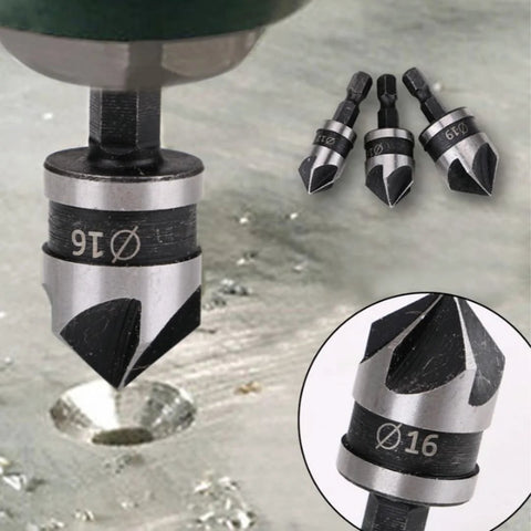 SOCOJE 3-piece countersink drill bit set with 1/4in hex shank, 5-flute Ø12/16/19mm front view