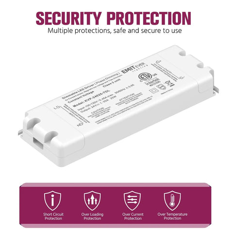 25W Triac Dimmable LED Driver Power Supply 120V AC to 24V DC Transformer for LED Lighting with security protection details.