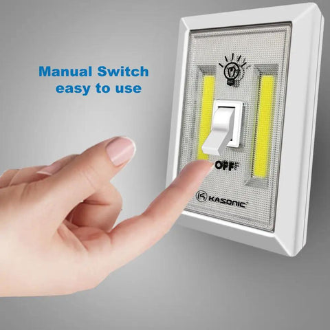 Person using manual switch on Bright 200 Lumen Cordless COB LED Night Light With Magnetic Mounts And No Wires Needed Battery Operated Easy Install