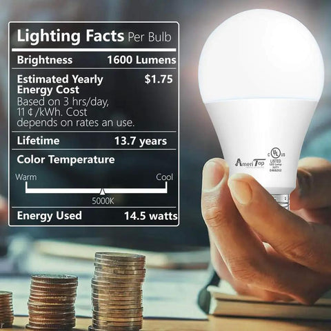 A19 LED Light Bulbs 6 Pack 14W 100W Equivalent 1600 Lumens Daylight 5000K, hand holding bulb, lighting facts displayed