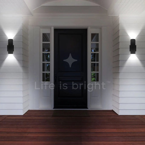 Lit Up And Down Outdoor LED Wall Lights With 5 CCT Adjustable 2700K To 5000K on white facade, illuminating double door