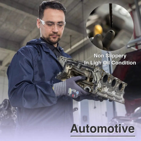 Worker wearing MicroFoam Nitrile Coated Seamless Knit Work Gloves For Men And Women, handling engine part in automotive setting, gray medium.