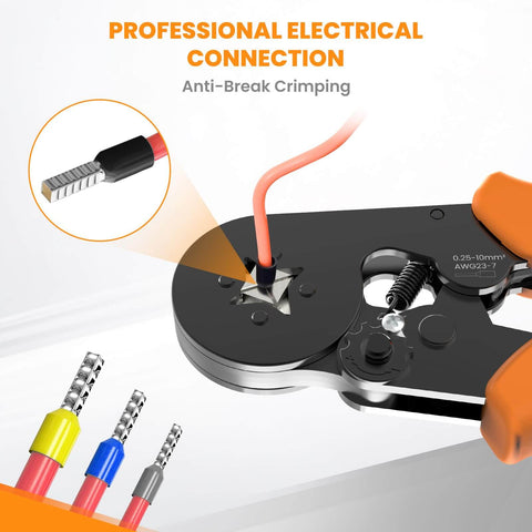 Ferrule Crimping Tool Self Adjusting Ratchet For AWG 23 To 7 Wire Square Ferrule Kit with wire being crimped close-up view