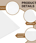 Diagram highlighting features of UHMW Plastic Sheet 8 X 10 X 1/16 White, including flat surface, smooth cut, and chemical resistance.