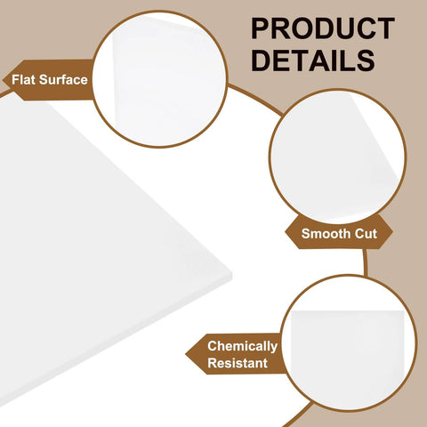 Diagram highlighting features of UHMW Plastic Sheet 8 X 10 X 1/16 White, including flat surface, smooth cut, and chemical resistance.