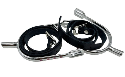 Prince Of Wales Rhinestone Bling Riding Spurs For Women With Leather Straps Chrome Plated Zinc Alloy Bumper Spurs