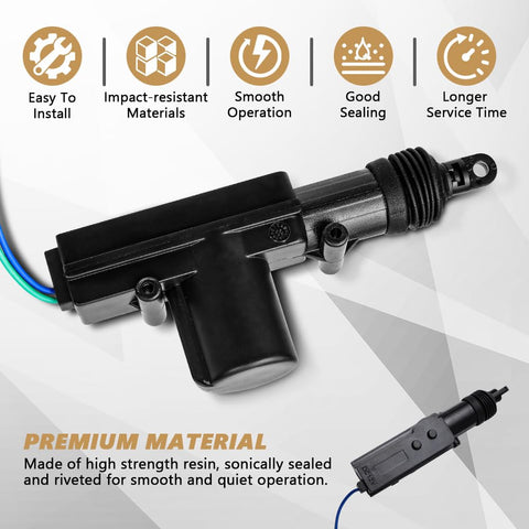 Two Wire 12V Power Door Lock Actuator Kit showing high-strength resin build and ease of installation features