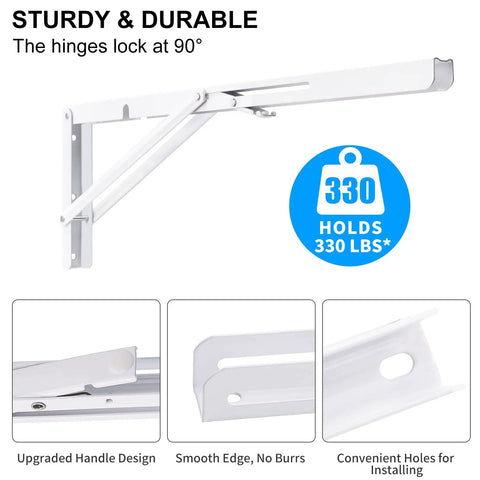 White Folding Shelf Brackets 20 Inch Heavy Duty L Shaped DIY Collapsible Shelf Brackets for Workbench, 330lb Load, Hinges Lock at 90°