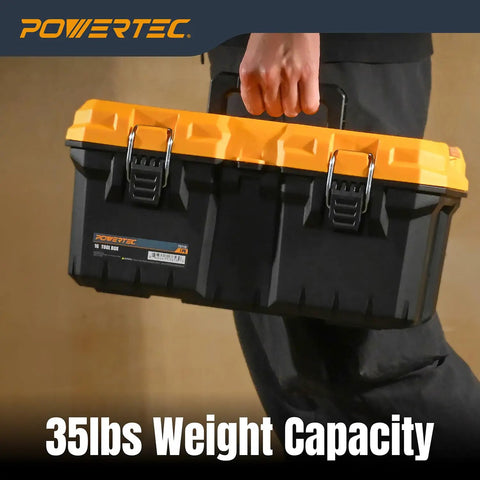 Person holding 16 Inch Tool Box With Trays Lockable Metal Latch Portable Organizer For Tools And Small Or Mid Sized Parts