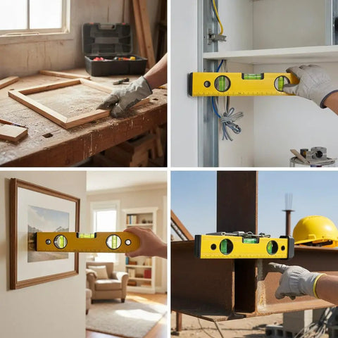 Spirit Level, Aluminum Alloy, 250mm used to align picture frames on a wooden surface during renovations.