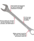 Jumbo Metric Combination Wrench Set With Roll Case 7 Piece Chrome Plated Beefy Tools For Heavy Duty Auto And Workshop Use Radius Corner Grip Raised Panel Design For Strength And Safer Fastener Engagement, close-up showing cr-v strength and radius corners.