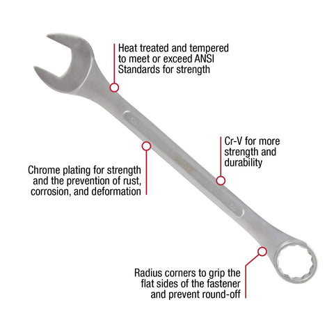 Jumbo Metric Combination Wrench Set With Roll Case 7 Piece Chrome Plated Beefy Tools For Heavy Duty Auto And Workshop Use Radius Corner Grip Raised Panel Design For Strength And Safer Fastener Engagement, close-up showing cr-v strength and radius corners.