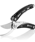 Side view of Five In One Garden Pruner Multitool with Folding Scissors and 420 Stainless Steel Blades for pruning trees and shrubs.