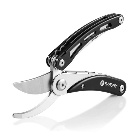 Side view of Five In One Garden Pruner Multitool with Folding Scissors and 420 Stainless Steel Blades for pruning trees and shrubs.
