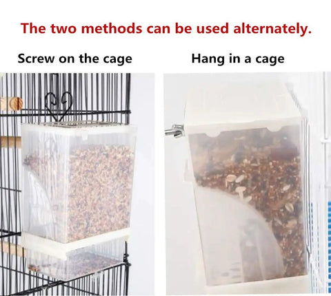Zero Mess Parrot Automatic Feeder For Budgerigars And Canaries with screw and hang mounting options, clear seed container.