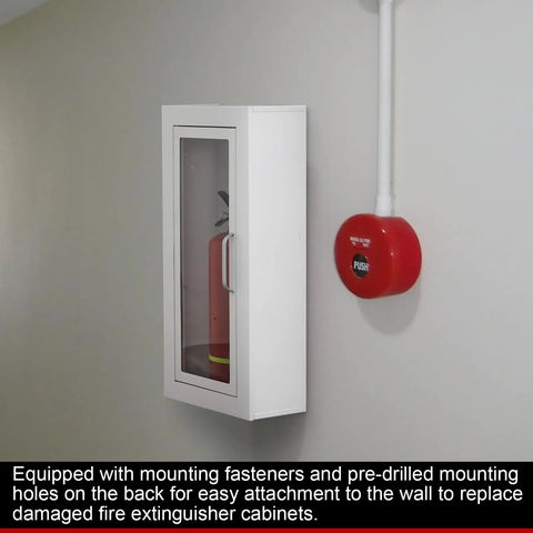 White Steel Fire Extinguisher Cabinet For Indoor And Outdoor Use Wall Or Surface Mount 27.38 In High, 13.88 In Wide, 6.50 In Deep Holds 10 Lb Extinguisher Built Tough Frame With Handy Handle, mounted on wall