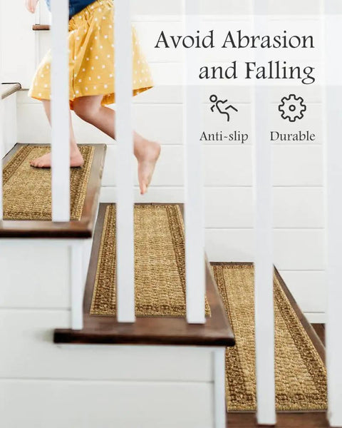 Child on stairs with Non Slip Stair Treads For Wood Steps Indoor 15 Piece PVC Backed Yellow Stair Carpet Mats Safe Durable
