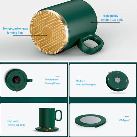 Smart Thermostatic Usb Coffee Mug Warmer Set to Keep Your Daily Brew Hot and Smooth Without Any Cold Cup Vibes Electric Heater Coaster showcasing ceramic cup and temperature display.