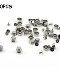 Top Shelf Heavy Duty Brass Purse Feet With Crisp Silver Rivet Screws For Handbags Knockout Bag Bottom Studs And Badass Pro Grade Leg Hardware Kit For Leather Craft 30-piece set of metal studs with screw backs.