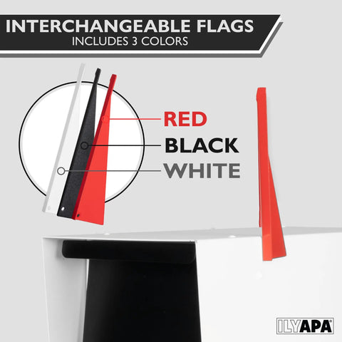 Modern White Powder Coated Steel Mailbox Built To Last Tough As Nails Ready To Post Mount Curbside Welded Design With Stainless Hinges And Magnetic Door All Weather Waterproof Heavy Duty Mailbox For Parcels And Letters with interchangeable red, black, and white flags