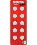 Top Shelf Cr2032 3V Lithium Coin Batteries 10 Pack on red packaging, ideal for watches and small electronics.
